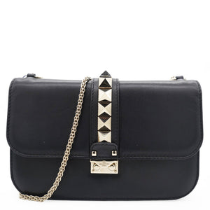 Black Leather Medium Rockstud Glam Lock Flap Bag