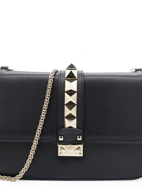Black Leather Medium Rockstud Glam Lock Flap Bag