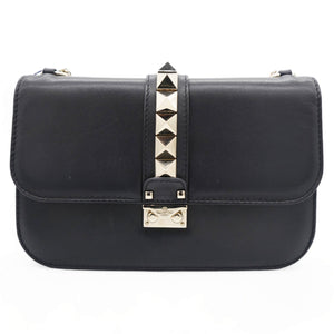 Black Leather Medium Rockstud Glam Lock Flap Bag