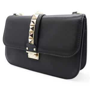 Black Leather Medium Rockstud Glam Lock Flap Bag