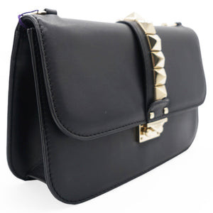 Black Leather Medium Rockstud Glam Lock Flap Bag
