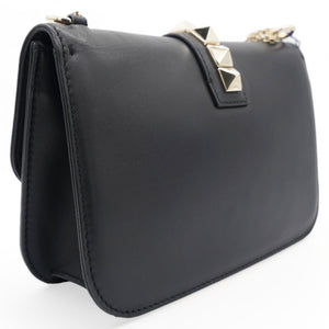 Black Leather Medium Rockstud Glam Lock Flap Bag