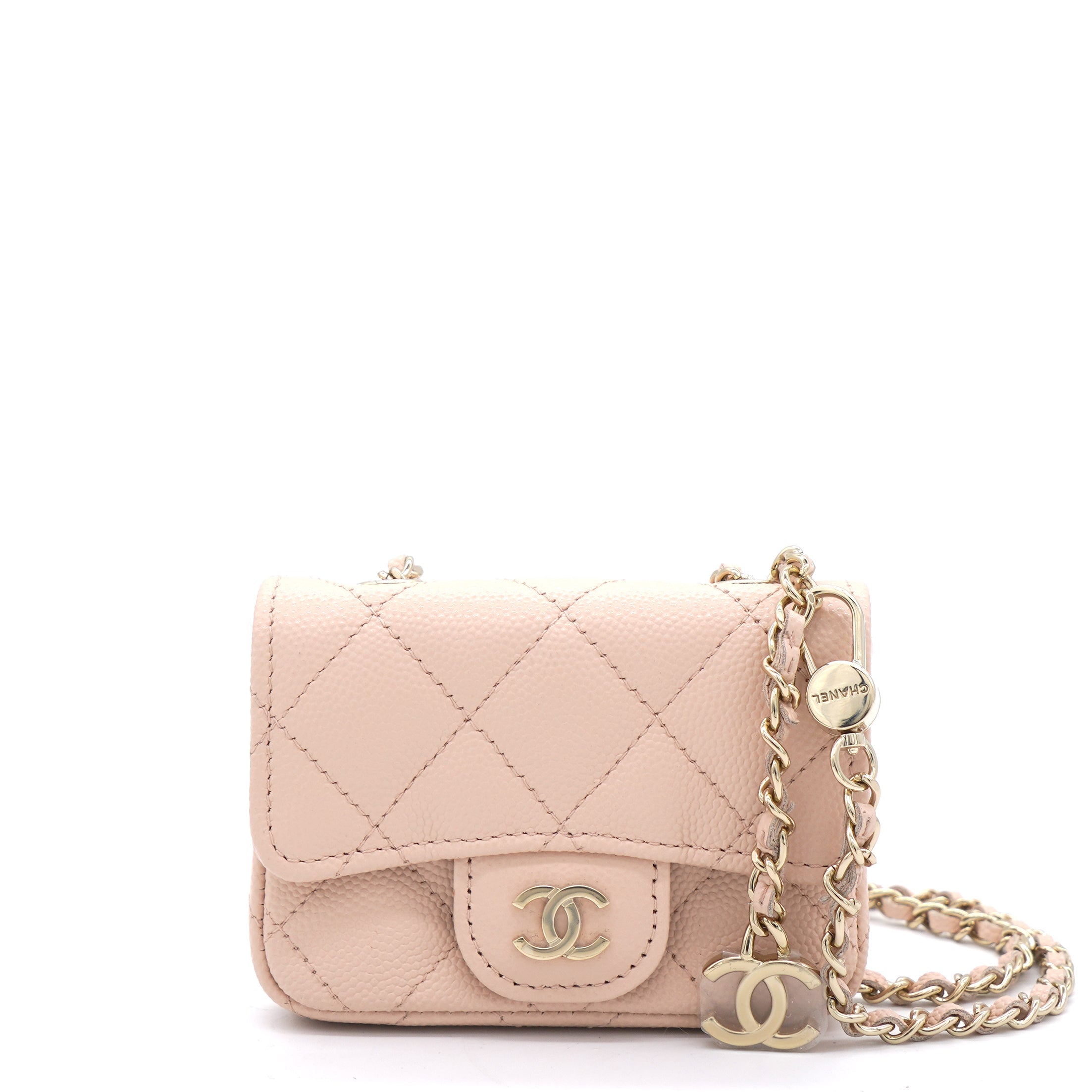 Pink Beige Quilted Caviar Leather Flap Card Holder with Belt Chain