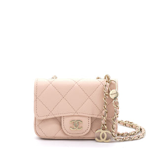 Pink Beige Quilted Caviar Leather Flap Card Holder with Belt Chain