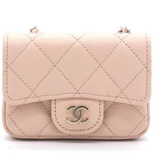 Pink Beige Quilted Caviar Leather Flap Card Holder with Belt Chain