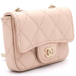Pink Beige Quilted Caviar Leather Flap Card Holder with Belt Chain