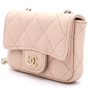 Pink Beige Quilted Caviar Leather Flap Card Holder with Belt Chain