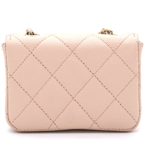 Pink Beige Quilted Caviar Leather Flap Card Holder with Belt Chain