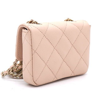Pink Beige Quilted Caviar Leather Flap Card Holder with Belt Chain