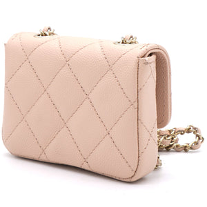 Pink Beige Quilted Caviar Leather Flap Card Holder with Belt Chain