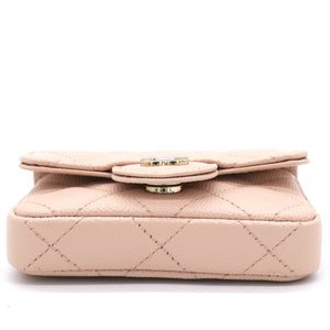 Pink Beige Quilted Caviar Leather Flap Card Holder with Belt Chain