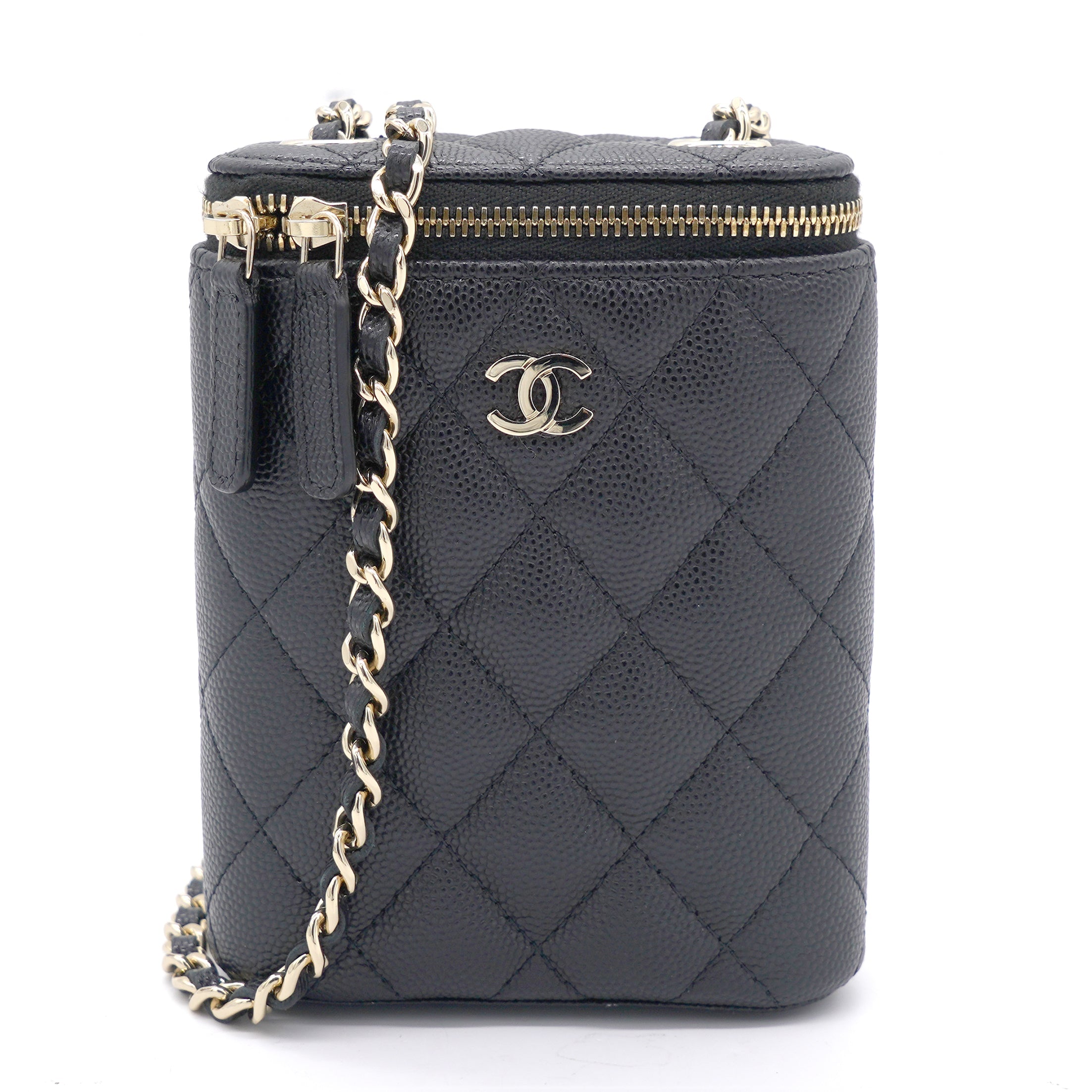 Caviar Quilted Nano Vertical Coco Beauty Vanity Case With Chain Black