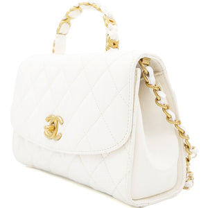 Crumpled Lambskin Quilted CC Links Top Handle Flap White