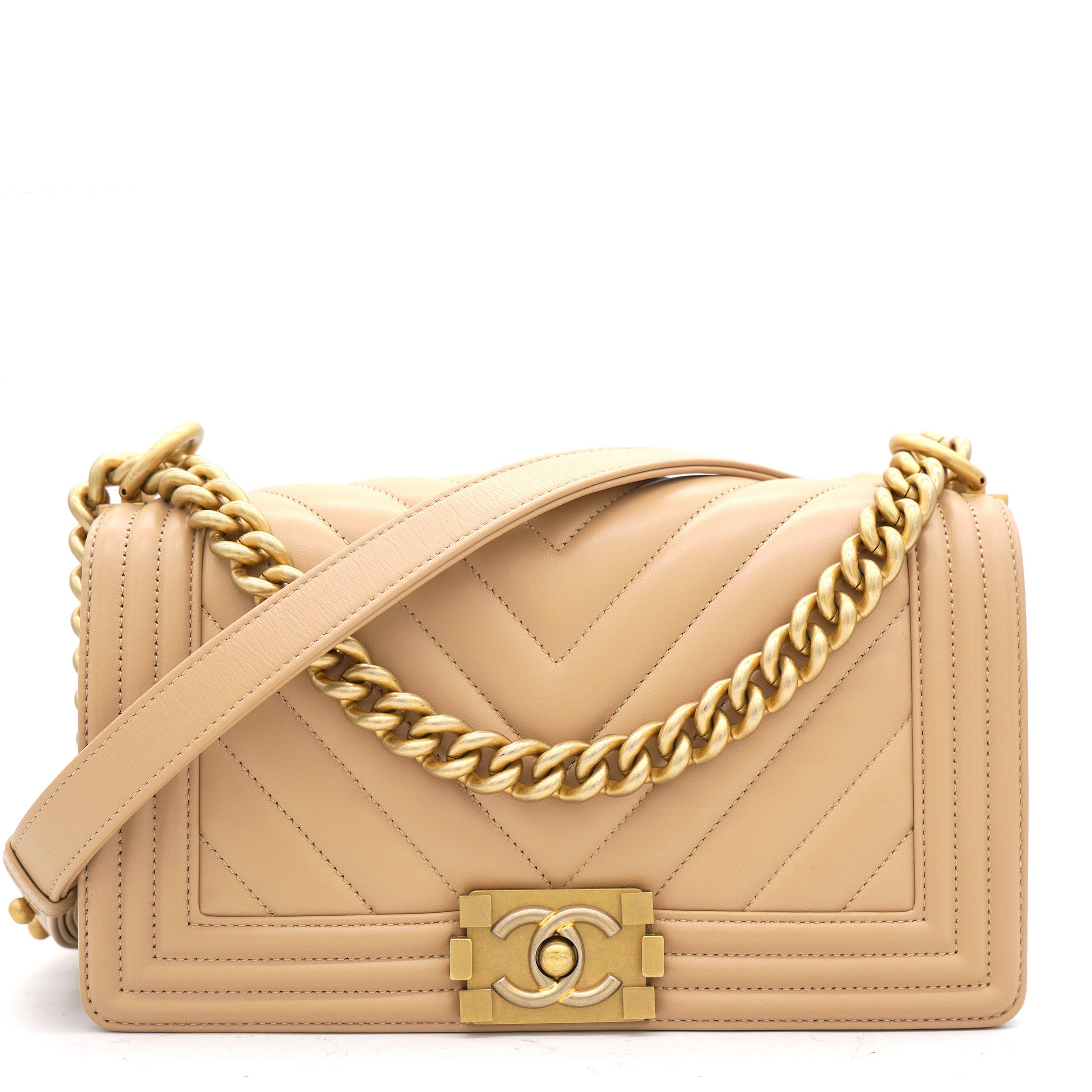Beige Chevron Leather Medium Boy Flap Bag