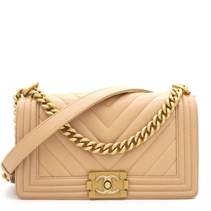 Beige Chevron Leather Medium Boy Flap Bag