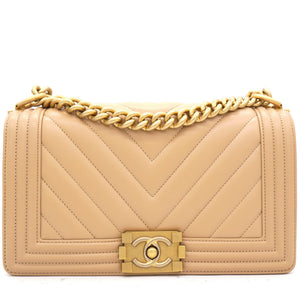 Beige Chevron Leather Medium Boy Flap Bag
