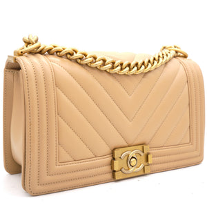 Beige Chevron Leather Medium Boy Flap Bag