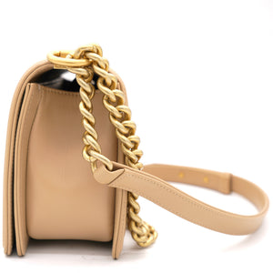 Beige Chevron Leather Medium Boy Flap Bag