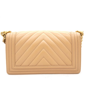Beige Chevron Leather Medium Boy Flap Bag