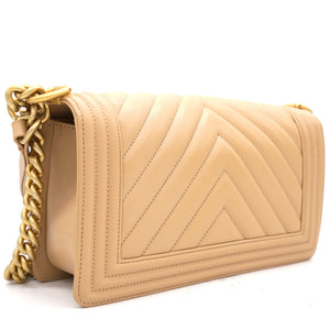 Beige Chevron Leather Medium Boy Flap Bag