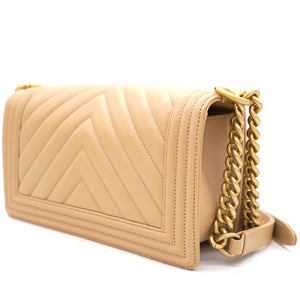 Beige Chevron Leather Medium Boy Flap Bag