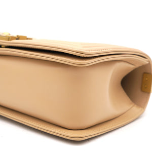Beige Chevron Leather Medium Boy Flap Bag
