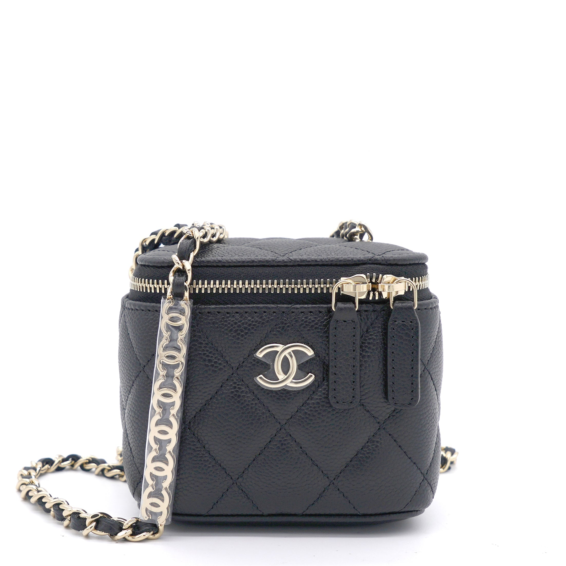 Caviar Quilted Small Vertical Coco Beauty Vanity Case With Chain Black