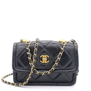 Lambskin Quilted Nano Flap Bag with button details Black
