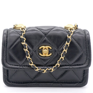 Lambskin Quilted Nano Flap Bag with button details Black
