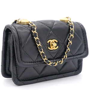 Lambskin Quilted Nano Flap Bag with button details Black
