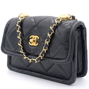 Lambskin Quilted Nano Flap Bag with button details Black