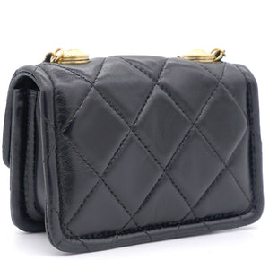 Lambskin Quilted Nano Flap Bag with button details Black