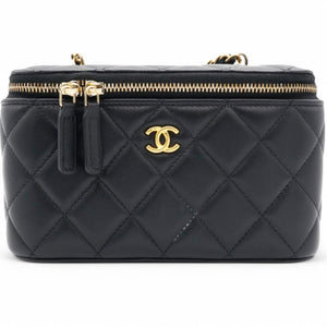 Lambskin Quilted Pearl Crush Small Vanity Case With Chain Black