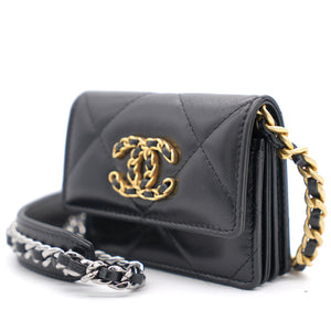 Black Quilted Lambskin Leather 19 Card Holder with Chain