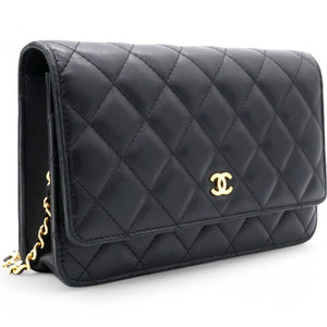 Lambskin Quilted Wallet On Chain WOC Black Microchip