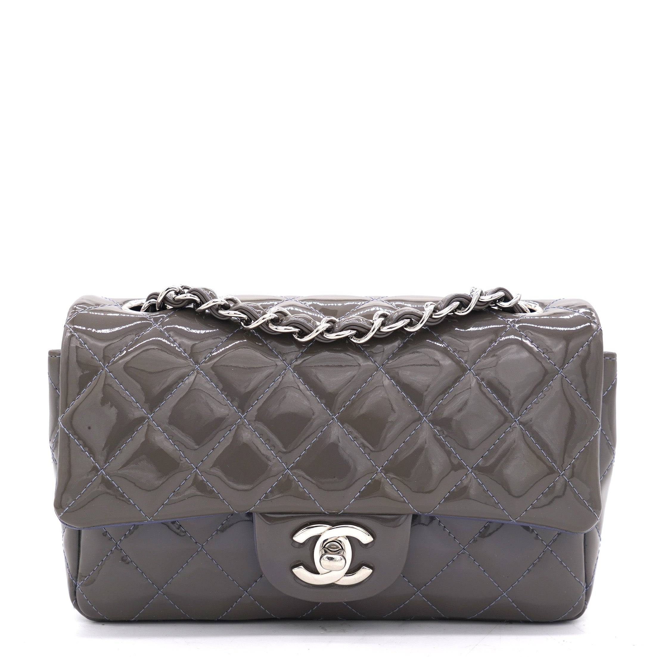 Grey Classic Patent Leather Rectangular Mini Flap Bag