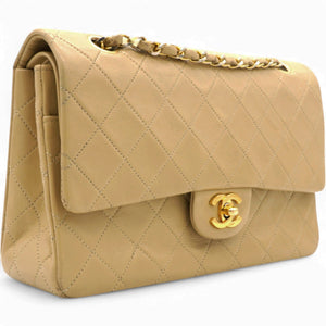 Lambskin Quilted Medium Double Flap Beige