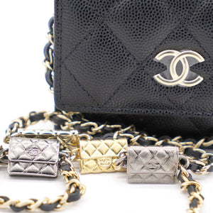 Black Quilted Caviar Leather Flap Card Holder with Charm Chain