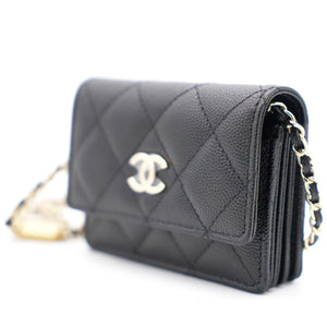 Black Quilted Caviar Leather Flap Card Holder with Charm Chain