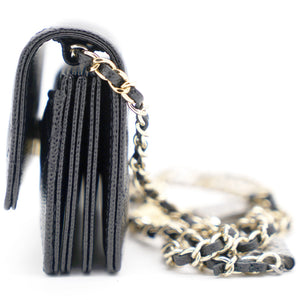 Black Quilted Caviar Leather Flap Card Holder with Charm Chain