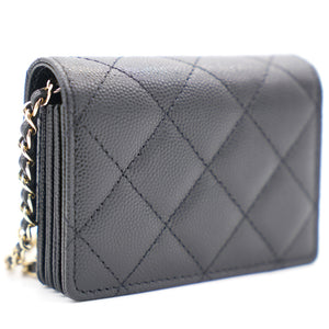 Black Quilted Caviar Leather Flap Card Holder with Charm Chain