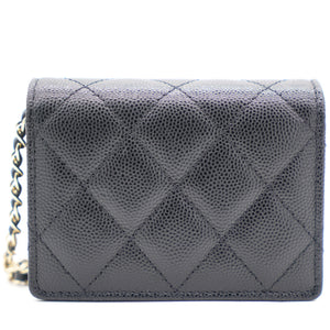 Black Quilted Caviar Leather Flap Card Holder with Charm Chain