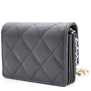 Black Quilted Caviar Leather Flap Card Holder with Charm Chain
