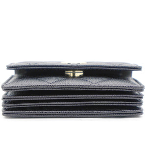 Black Quilted Caviar Leather Flap Card Holder with Charm Chain