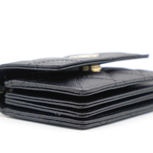 Black Quilted Caviar Leather Flap Card Holder with Charm Chain