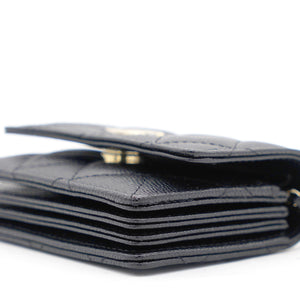Black Quilted Caviar Leather Flap Card Holder with Charm Chain