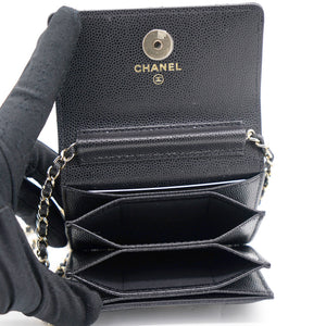 Black Quilted Caviar Leather Flap Card Holder with Charm Chain