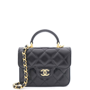 Black Quilted Leather Nano Top Handle Square Classic Flap Bag