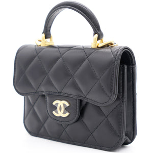 Black Quilted Leather Nano Top Handle Square Classic Flap Bag