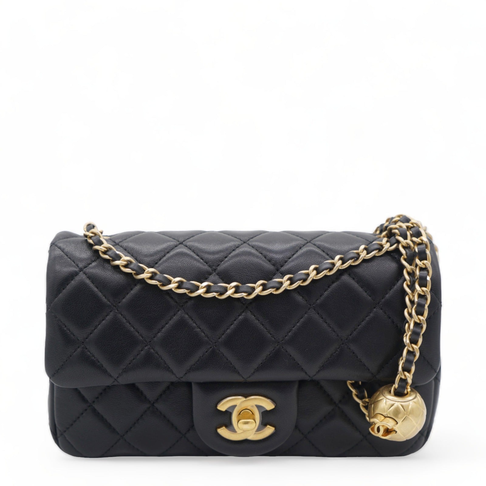 Lambskin Quilted Mini Pearl Crush Rectangular Flap Black